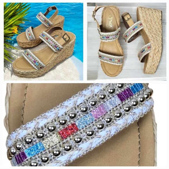 Y-Not Straw Wedge Sandals Huzzah Espadrilles Platform Shoes 8.5 Women's Colorful - Picture 2 of 12